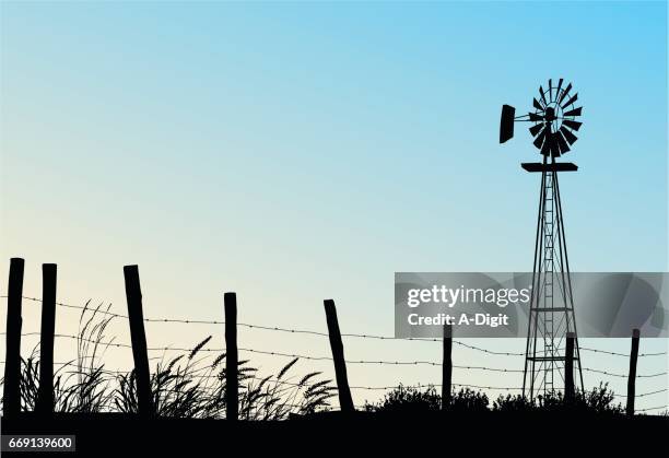 ilustraciones, imágenes clip art, dibujos animados e iconos de stock de blue skies prairie - molino de viento