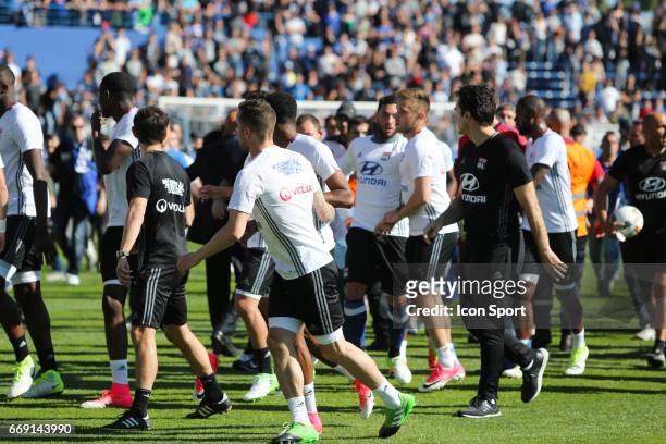 Team of Lyon altercation with supporters during the Ligue 1 match between SC Bastia and Olympique Lyonnais Lyon at Stade Armand Cesari on April 16,...