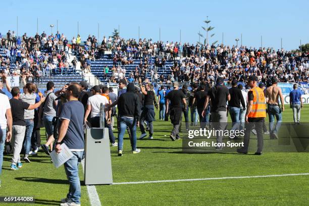 Team of Lyon altercation with supporters during the Ligue 1 match between SC Bastia and Olympique Lyonnais Lyon at Stade Armand Cesari on April 16,...