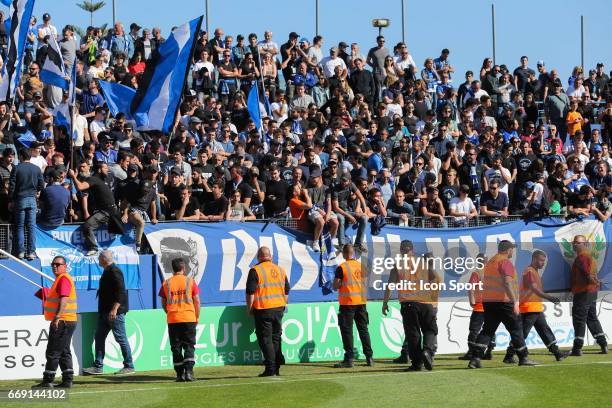 Team of Lyon altercation with supporters during the Ligue 1 match between SC Bastia and Olympique Lyonnais Lyon at Stade Armand Cesari on April 16,...