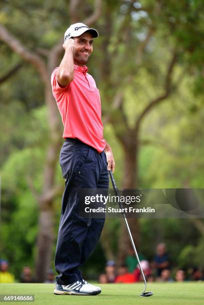 Edoardo Molinari of Italy celebrates following victory during the fourth round of the Trophee Hassan II at Royal Golf Dar Es Salam on April 16, 2017...