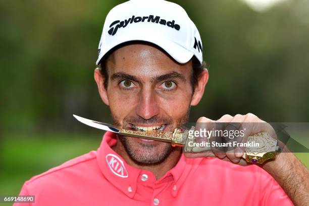 Edoardo Molinari of Italy celebrates following victory during the fourth round of the Trophee Hassan II at Royal Golf Dar Es Salam on April 16, 2017...