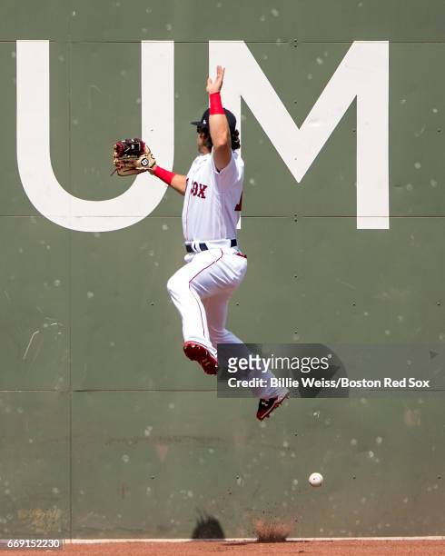 Andrew Benintendi of the Boston Red Sox attempts to catch a fly ball but cannot make the catch during the first inning of a game against the Tampa...