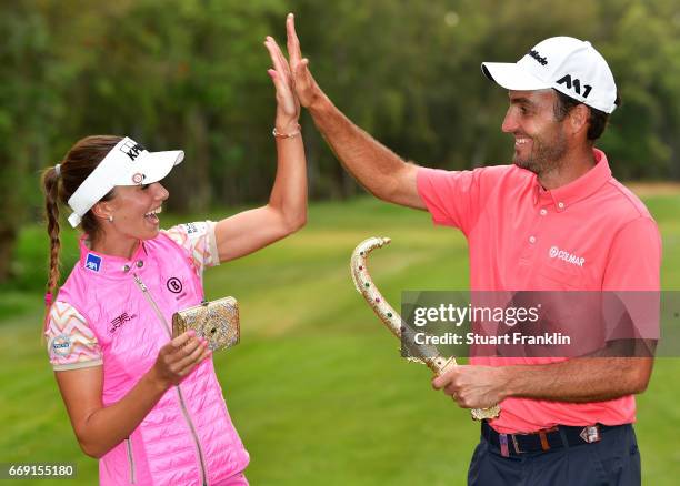 Klara Spilkova of The Czech Republic and Edourdo Molinari of Italy celebrate with each other after Eduoardo Molinari wins the Trophee Hassan II and...