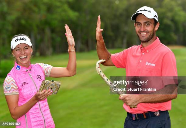 Klara Spilkova of The Czech Republic and Edourdo Molinari of Italy celebrate with each other after Eduoardo Molinari wins the Trophee Hassan II and...