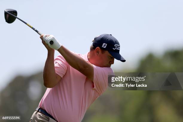 Jason Dufner hits his tee shot on the third hole during the final round of the 2017 RBC Heritage at Harbour Town Golf Links on April 16, 2017 in...
