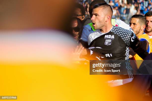 Anthony Lopes of Lyon altercation with supporters during the Ligue 1 match between SC Bastia and Olympique Lyonnais Lyon at Stade Armand Cesari on...