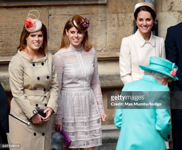 Princess Eugenie, Princess Beatrice, Queen Elizabeth II and Catherine, Duchess of Cambridge attend the traditional Easter Sunday church service at St...