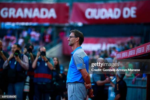 Head coach Tony Adams of Granada CF stands ahead the bench prior to start the La Liga match between Granada CF and Real Club Celta de Vigo at Estadio...