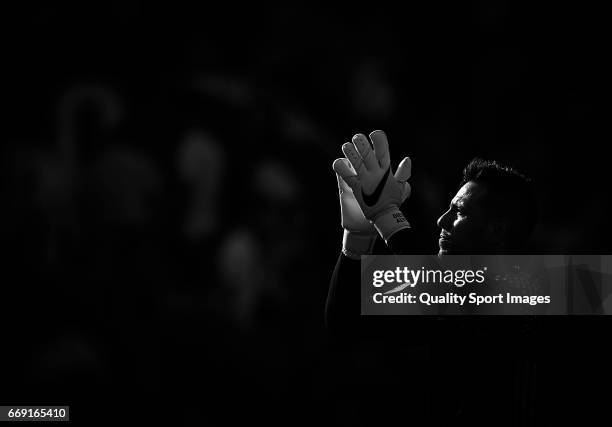 Diego Alves of Valencia looks on during the La Liga match between Valencia CF and Sevilla FC at Mestalla Stadium on April 16, 2017 in Valencia, Spain.