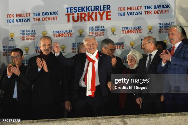 Turkish Prime Minister Binali Yildirim speaks to supporters at his party's headquarters on April 16, 2017 in Ankara, Turkey. Turkey's prime minister...