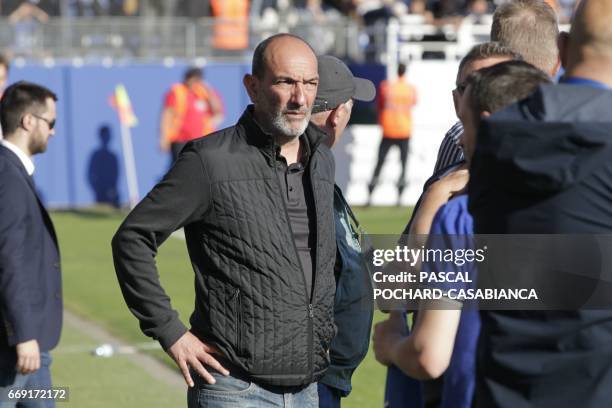 Bastia's French president Pierre Marie Geronimi looks on prior to the L1 football match Bastia against Lyon on April 16, 2017 in the Armand Cesari...
