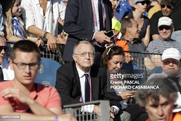Lyon's French president Jean-Michel Aulas looks on prior to the L1 football match Bastia against Lyon on April 16, 2017 in the Armand Cesari stadium...