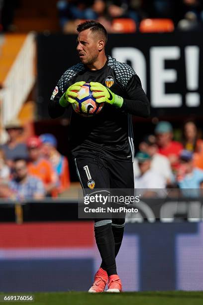 Diego Alves goalkeeper of Valencia CF reacts during the La Liga match between Valencia CF and Sevilla FC at Mestalla stadium on April 16, 2017 in...