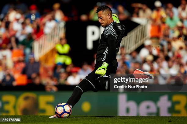 Diego Alves goalkeeper of Valencia CF kicks the ball during the La Liga match between Valencia CF and Sevilla FC at Mestalla stadium on April 16,...