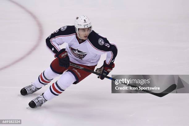 Columbus Blue Jackets defenseman Zach Werenski skates in open ice during the first period. The Pittsburgh Penguins won 4-1 in Game Two of the Eastern...