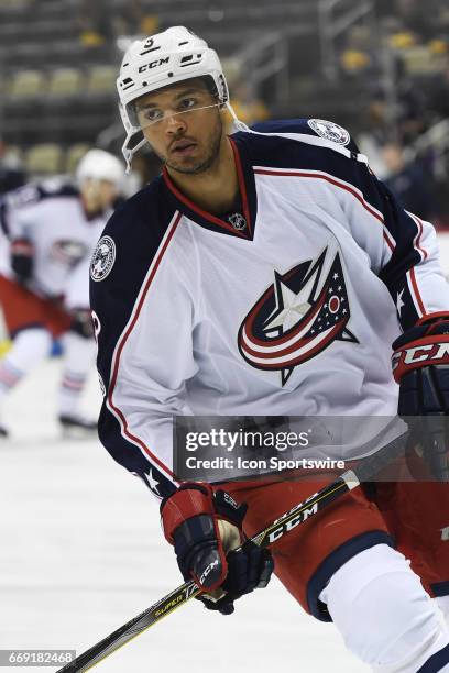 Columbus Blue Jackets defenseman Seth Jones warms up before Game Two of the Eastern Conference First Round during the 2017 NHL Stanley Cup Playoffs...
