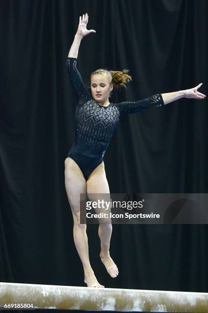 S Madison Kocian performs on the balance beam during the finals of the NCAA Women's Gymnastics National Championship on April 15 at Chaifetz Arena in...