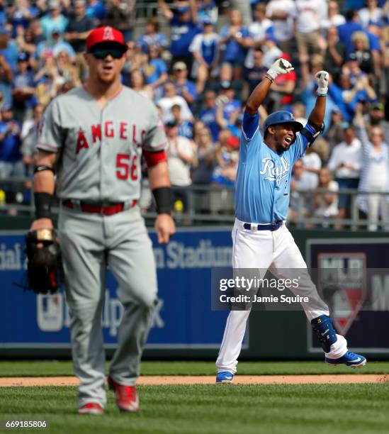 Alcides Escobar of the Kansas City Royals celebrates after hitting a single to knock in the game-winning run during the 9th inning of the game...