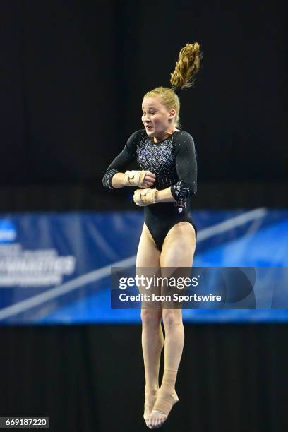 S Madison Kocian fliops off the end of the vault during the finals of the NCAA Women's Gymnastics National Championship on April 15 at Chaifetz Arena...