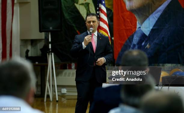 Party's regional electoral office in North America, Levent Ali Yildiz speaks as 'Yes' supporters celebrate their victory following the unofficial...