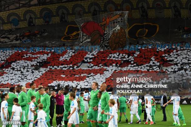 This picture taken on April 16 shows a tifo reading "Fuck LFP" at the Velodrome stadium in Marseille, southern France, prior to the French L1...