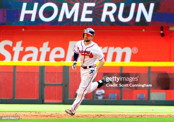 Ender Inciarte of the Atlanta Braves rounds the bases after hitting a seventh inning solo home run against the San Diego Padres at SunTrust Park on...