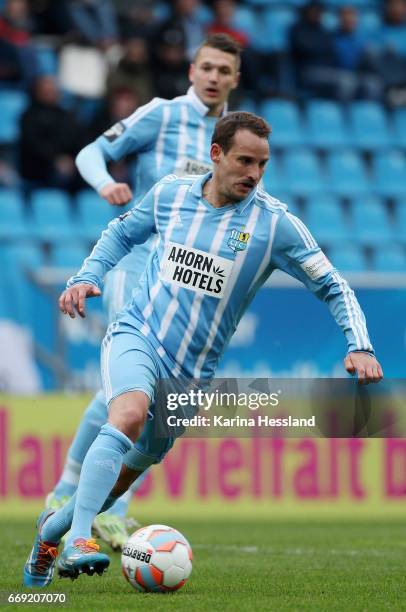 Anton Fink of Chemnitz during the Third League Match between Chemnitzer FC and SV Wehen Wiesbaden on April 15, 2017 at community4you ARENA in...