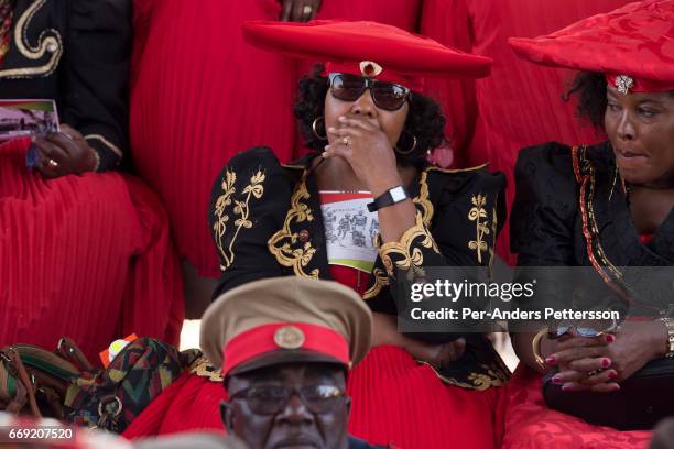 Herero dressed in traditional clothing commemorate fallen chiefs killed in battles with Germans during a day long ceremony on August 12, 2016 in...