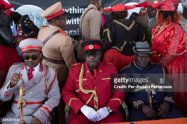 Herero tribal leader Paramount chief Vekuil Rukoro sits with fellow Paramount chiefs while commemorating fallen chiefs killed in battles with Germans...