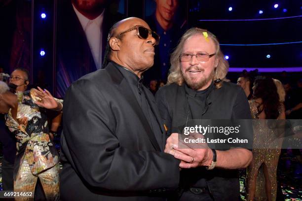 Musician Stevie Wonder and honoree Barry Gibb of the Bee Gees attend "Stayin' Alive: A GRAMMY Salute To The Music Of The Bee Gees" on February 14,...