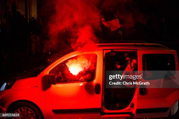 People celebrate the 'Evet' vote result outside AK Party headquarters on April 16, 2017 in Istanbul, Turkey. According to unofficial results 51.21%...