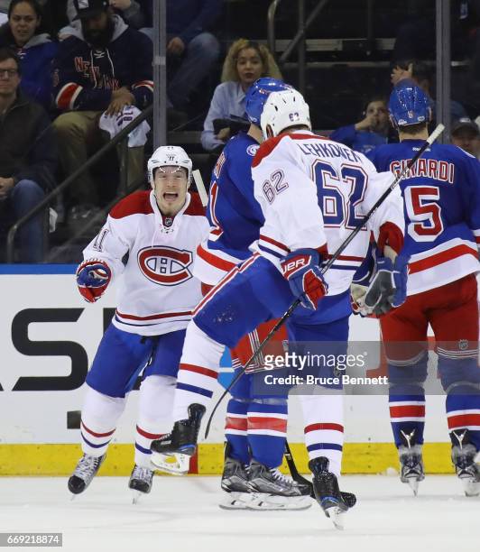 Brendan Gallagher of the Montreal Canadiens moves in to congratulate Artturi Lehkonen on his powerplay goal at 17:37 of the second period against...