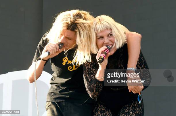 Musicians Christian Zucconi and Hannah Hooper of Grouplove perform on the Coachella Stage during day 3 of the Coachella Valley Music And Arts...