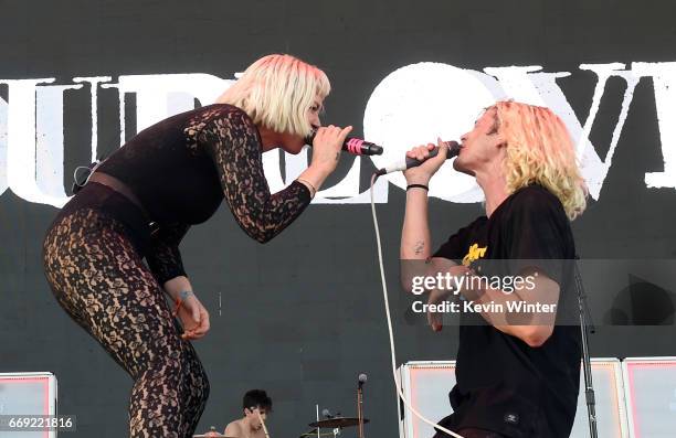 Musicians Hannah Hooper and Christian Zucconi and of Grouplove perform on the Coachella Stage during day 3 of the Coachella Valley Music And Arts...