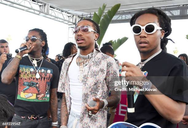 Rappers Offset, Quavo, and Takeoff of hip hop group Migos perform onstage during #REVOLVEfestival at Coachella with Moet & Chandon on April 16, 2017...