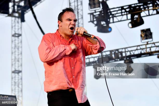 Singer Samuel T. Herring of Future Islands performs on the Outdoor Theatre during day 3 of the Coachella Valley Music And Arts Festival at the Empire...