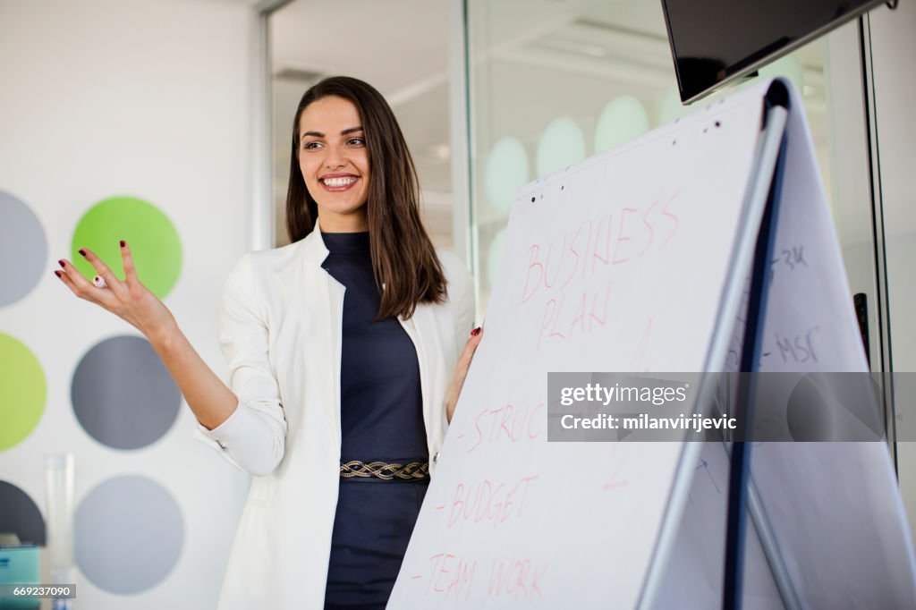 Woman in office holding a presentation