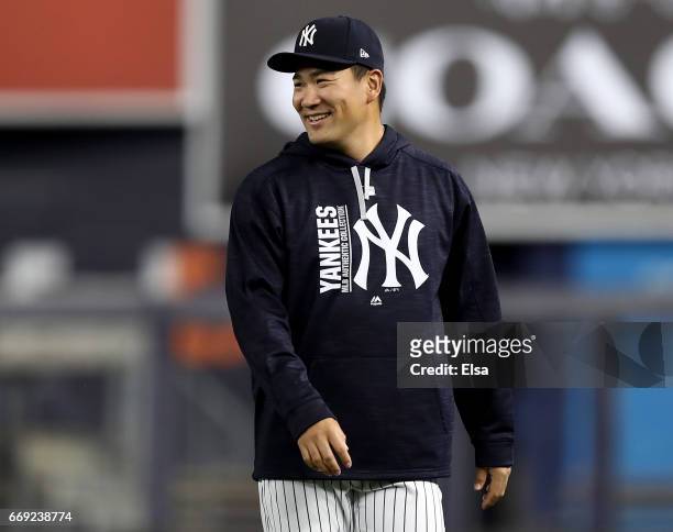 Masahiro Tanaka of the New York Yankees walks in from the bullpen before the game against the St. Louis Cardinals on April 16, 2017 at Yankee Stadium...