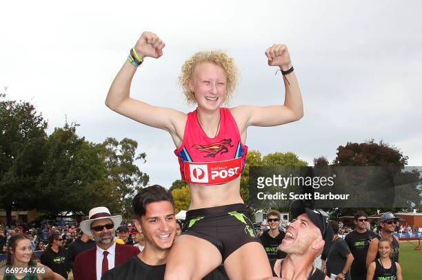 Liv Ryan celebrates after winning the Australia Post Strickland Family Women's Gift - 120m race during the 2017 Stawell Gift on April 17, 2017 in...