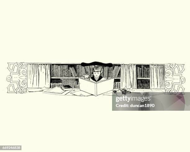 girl reading a book in a library, 19th century - archival library stock illustrations