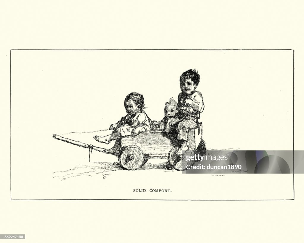 Little victorian children playing in a cart, 19th Century