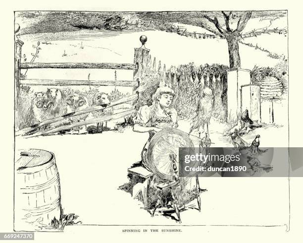 young woman using a spinning wheel in the sunshine - yarn stock illustrations