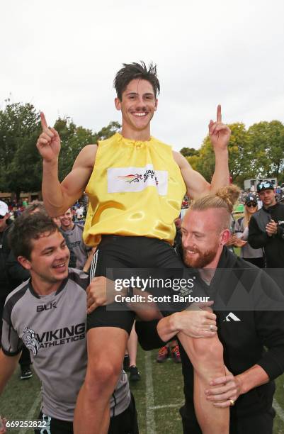 Matthew Rizzo celebrates after winning the 2017 Stawell Athletic Club Stawell Gift - 120m Final race during the 2017 Stawell Gift on April 17, 2017...