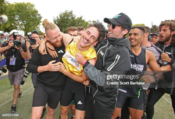 Matthew Rizzo celebrates after winning the 2017 Stawell Athletic Club Stawell Gift - 120m Final race during the 2017 Stawell Gift on April 17, 2017...