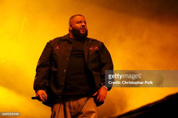Khaled performs at the Sahara stage during day 3 of the Coachella Valley Music And Arts Festival at the Empire Polo Club on April 16, 2017 in Indio,...