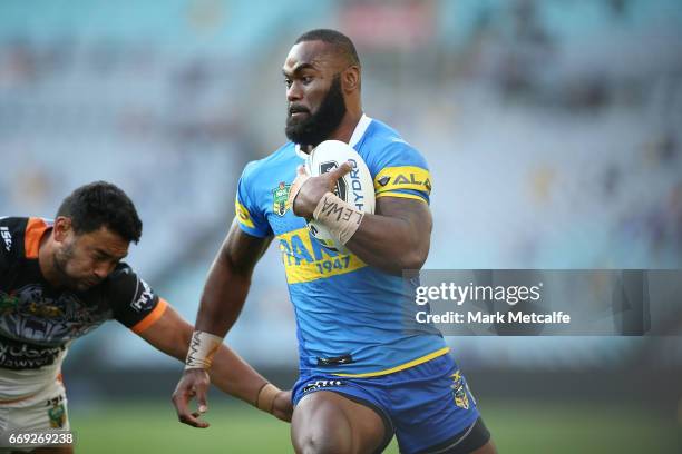 Semi Radradra of the Eels in action during the round seven NRL match between the Parramatta Eels and the Wests Tigers at ANZ Stadium on April 17,...