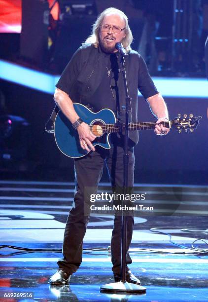 Barry Gibb of the Bee Gees performs onstage during the Stayin' Alive: A GRAMMY Salute To The Music Of The Bee Gees held at Microsoft Theater on...