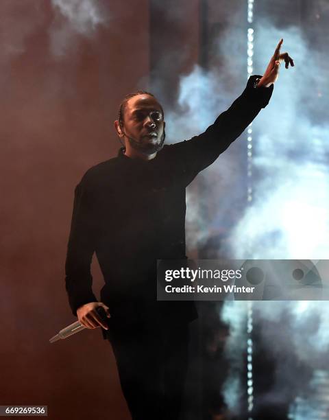 Rapper Kendrick Lamar performs on the Coachella Stage during day 3 of the Coachella Valley Music And Arts Festival at the Empire Polo Club on April...