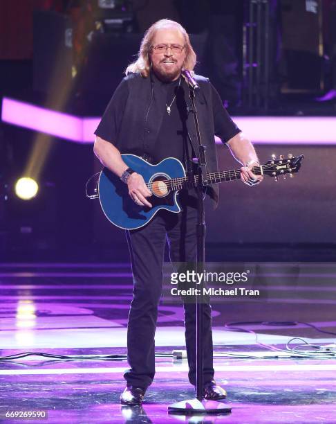 Barry Gibb of the Bee Gees performs onstage during the Stayin' Alive: A GRAMMY Salute To The Music Of The Bee Gees held at Microsoft Theater on...